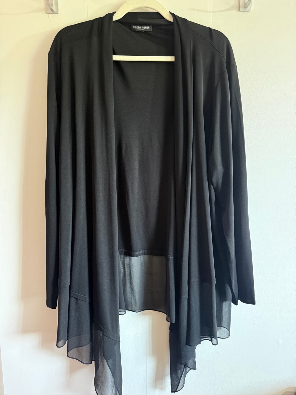 Eileen Fisher Black Silk Waterfall Cardigan XL Sheer Drape Longline Lagenlook